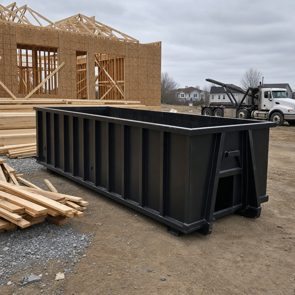 Matte-black 40-yard roll-off dumpster staged on a framed-out residential construction site in Holtsville, framing lumber stacked nearby, hooklift delivery truck visible in the background under bright Colorado daylight