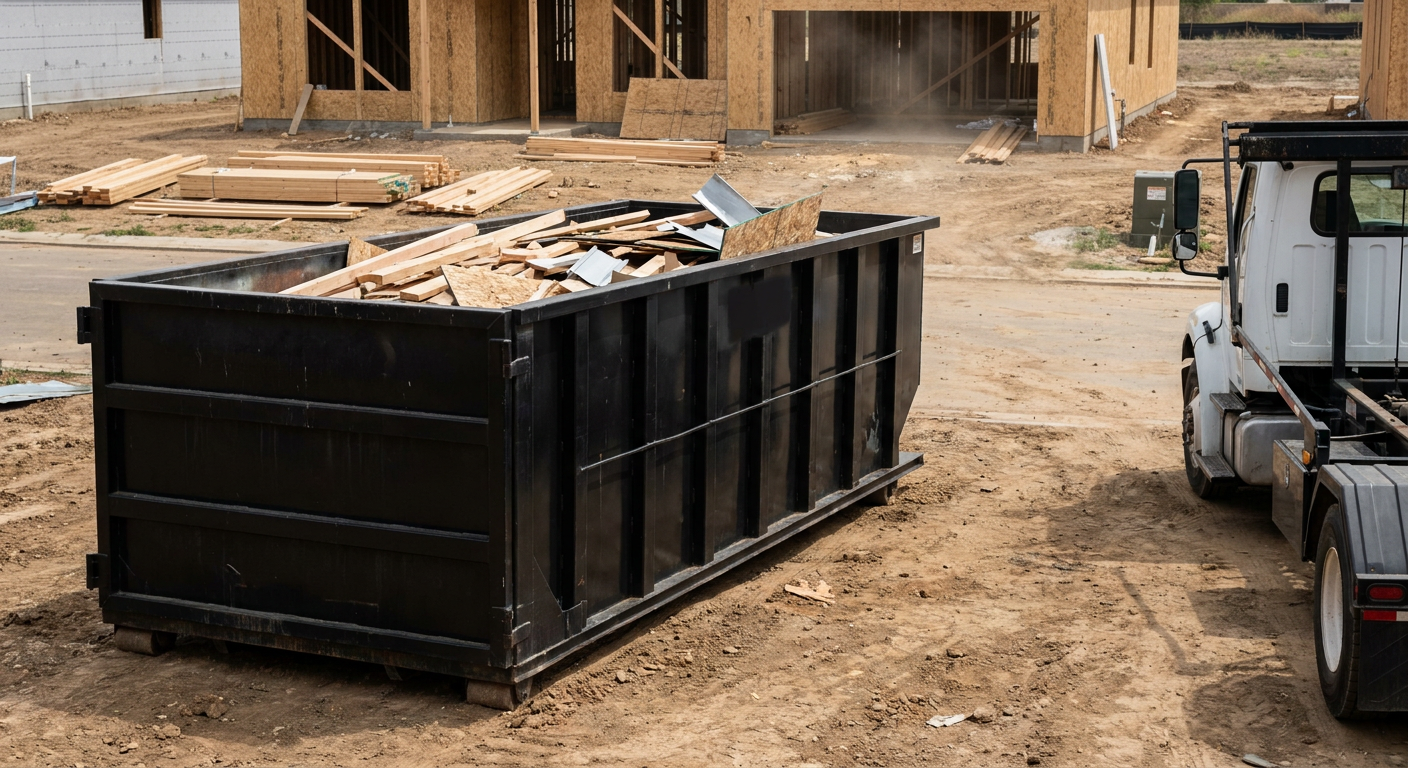 Matte-black 20-yard roll-off construction dumpster with heavy ribbed steel sidewalls and swing rear doors at a working jobsite in Holtsville, sitting directly on compacted dirt with an unmarked white hauler partially visible at the far edge of the frame.
