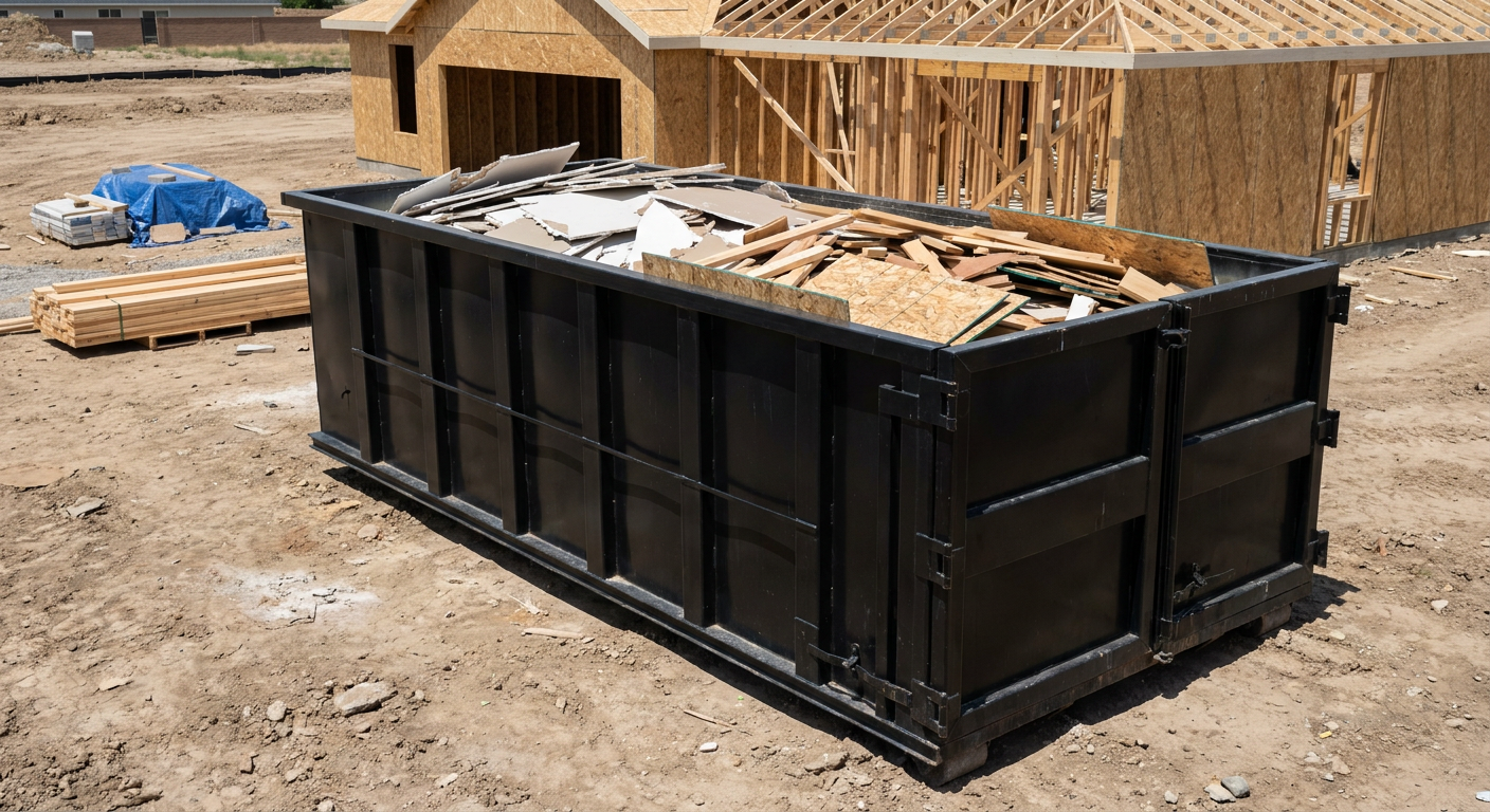 Matte-black 30-yard roll-off construction dumpster sitting directly on the compacted-dirt site of a framed single-family home build in Holtsville, drywall and lumber scrap loaded inside.