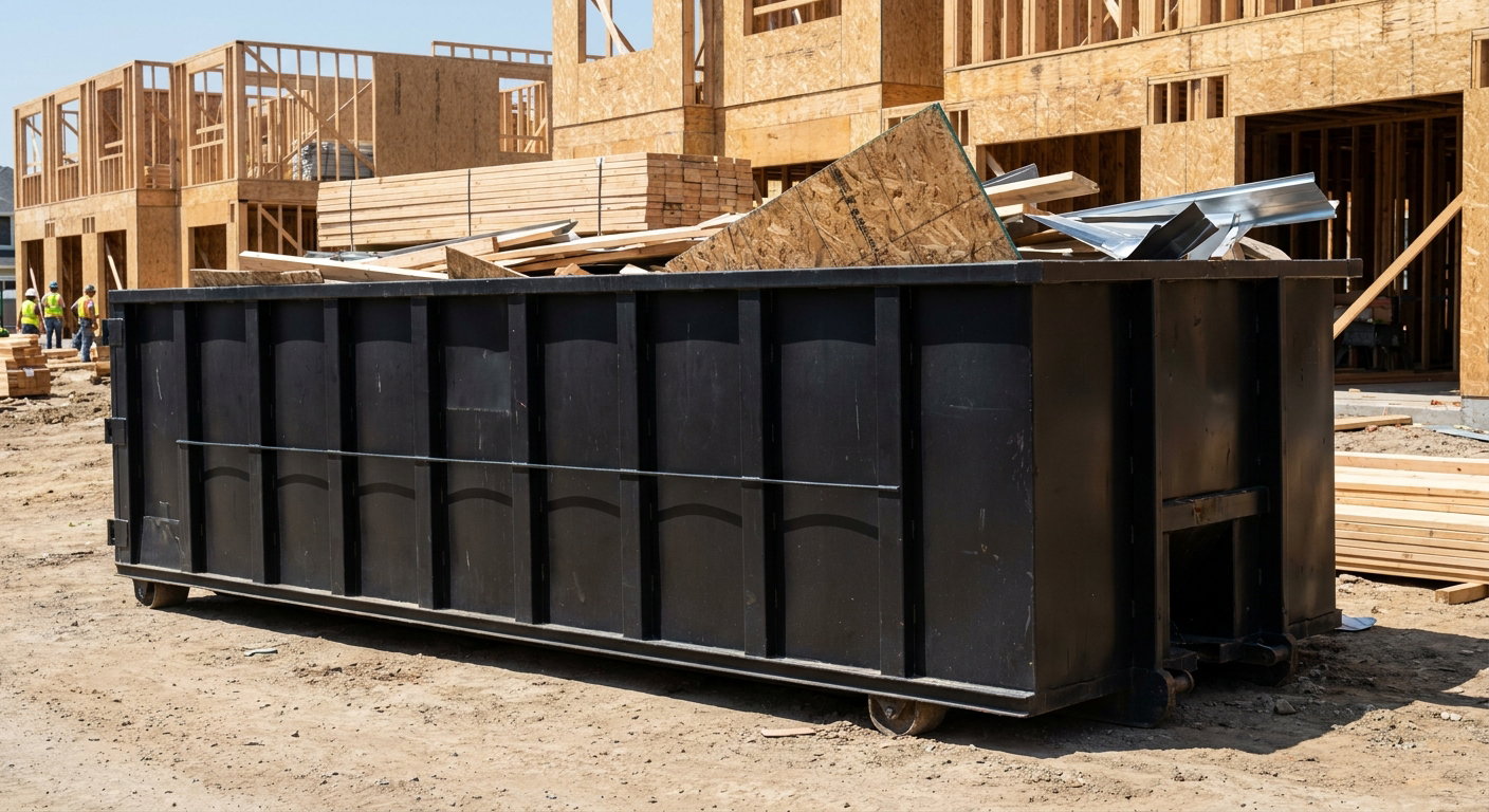 Matte-black 40-yard roll-off construction dumpster being lowered from a white-cab hooklift delivery truck onto the compacted-dirt jobsite at a commercial build site in Holtsville