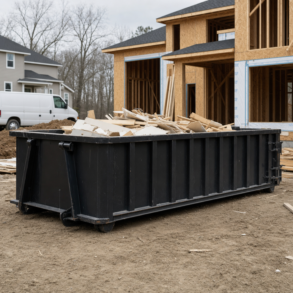 Worker in a yellow high-visibility vest tossing framing lumber and broken drywall into a matte-black 30-yard construction roll-off dumpster on an active build site in Holtsville, bright daylight