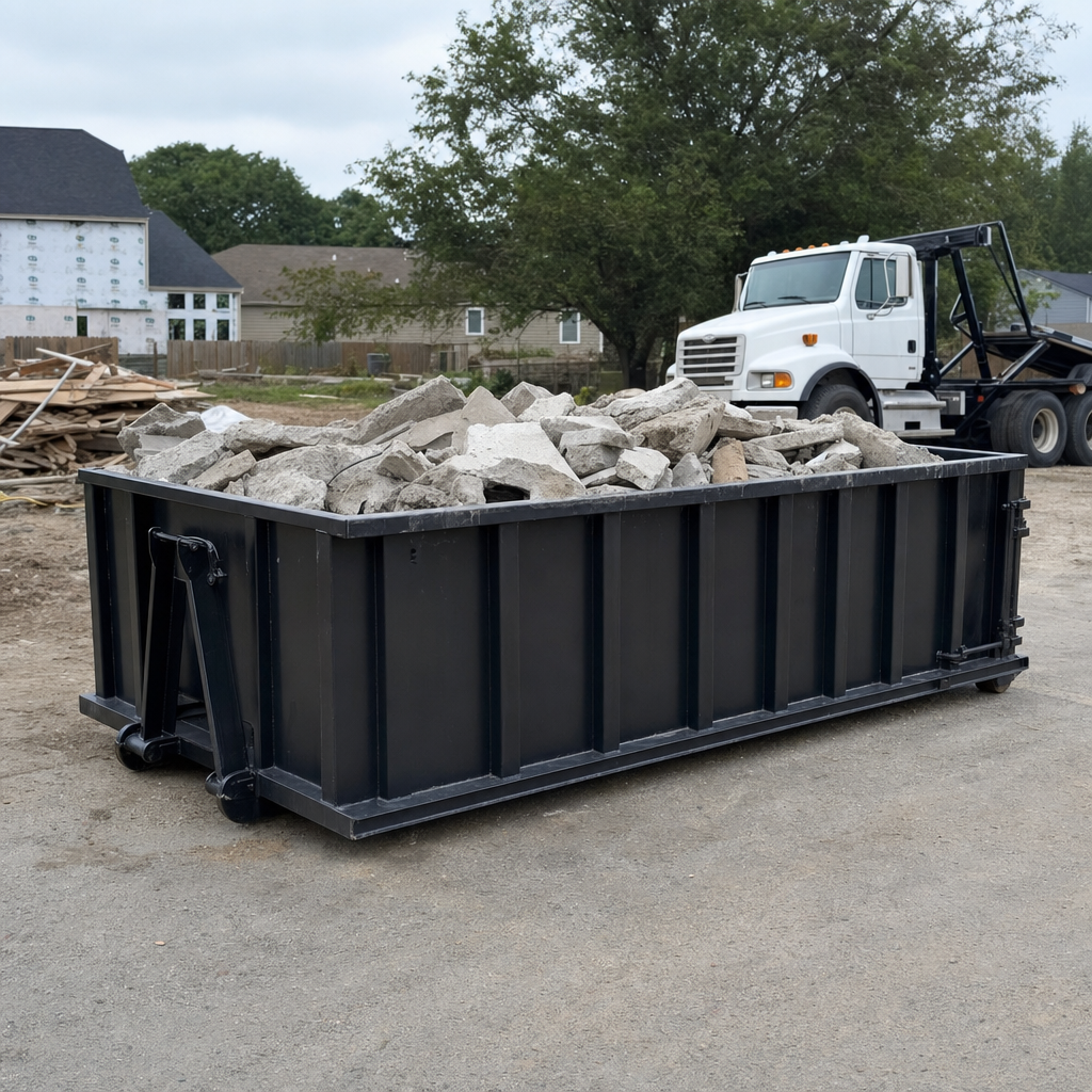 Low-profile matte-black lowboy roll-off dumpster loaded with broken concrete slab and rebar at a foundation tear-out in Holtsville, skid steer parked beside it, sunny Colorado morning