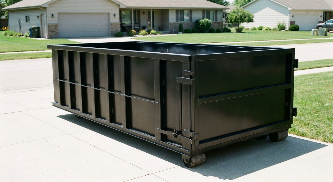 Matte-black 10-yard roll-off dumpster on a residential concrete driveway in Holtsville, uniformly painted matte black across every panel and rail, ribbed steel sidewalls and rear swing door visible, mid-day daylight.