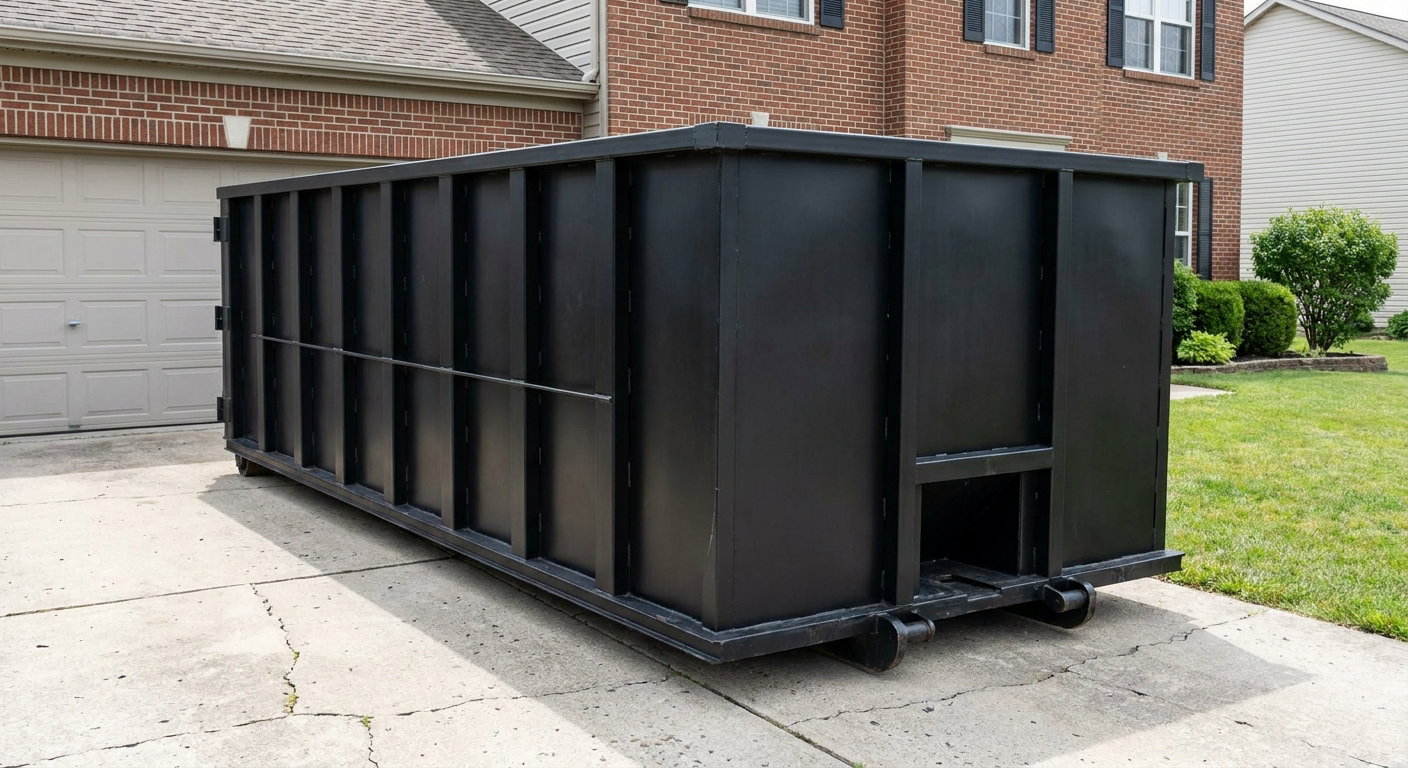 Matte-black 20-yard roll-off container on a Holtsville residential concrete driveway with reinforced ribbed steel sidewalls and a hinged rear walk-in door, clean bright daylight.