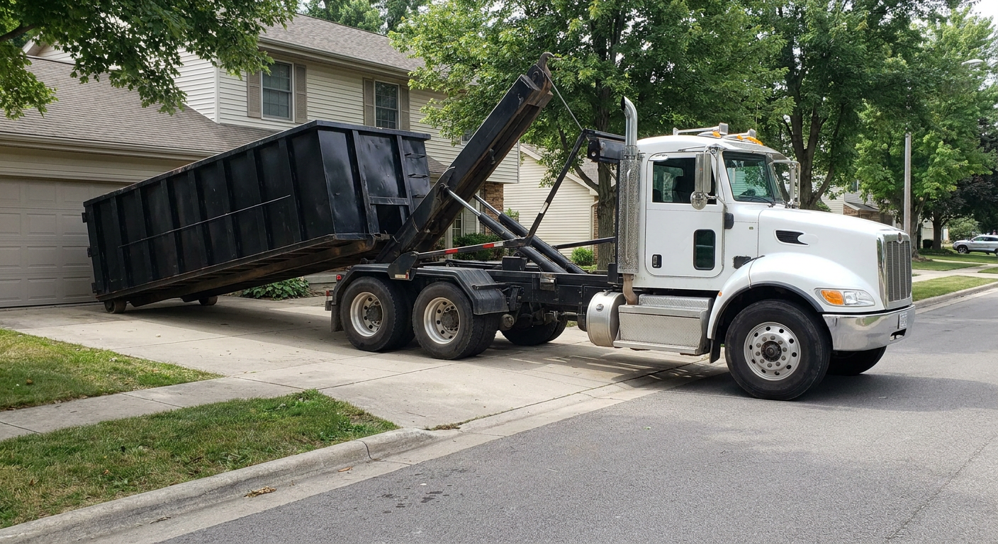 White-cab hooklift roll-off truck actively lowering a matte-black dumpster onto a Holtsville residential concrete driveway, the dumpster's rear wheels touching the driveway as the hoist arm tilts the bed forward, mid-morning daylight.