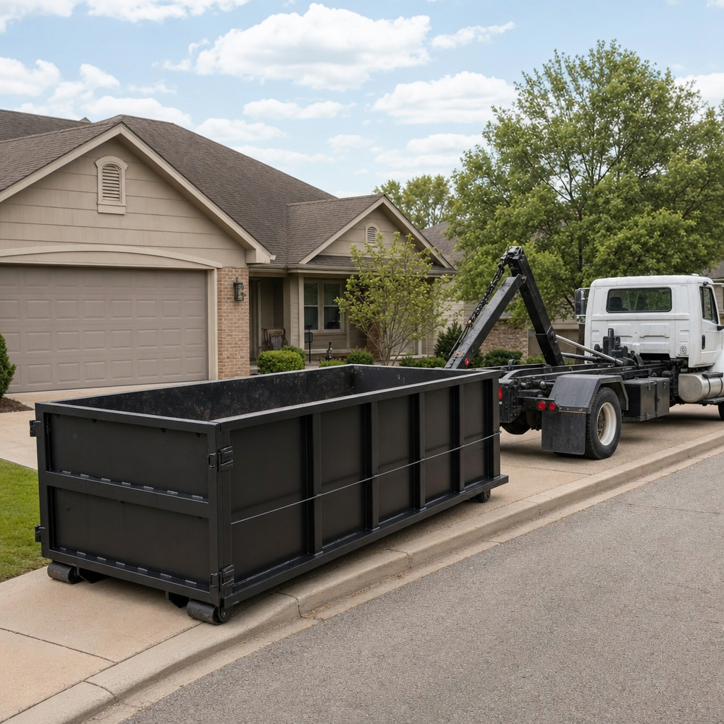 Wide documentary shot of a matte-black roll-off dumpster on a Holtsville residential driveway in the foreground and a contractor jobsite container in the soft-focus background, bright daylight, calm and orderly composition.