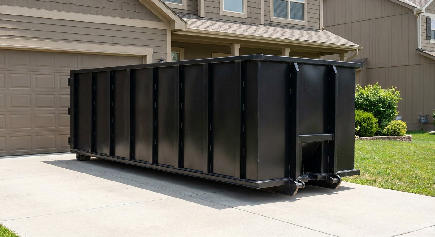 Matte-black residential roll-off dumpster sitting directly on a suburban Holtsville concrete driveway, garage door closed, single-family home in background, bright morning daylight.