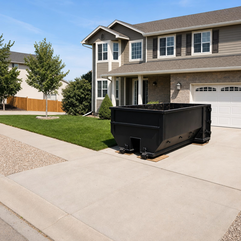 10-yard matte-black residential dumpster placed directly on a narrow Holtsville concrete driveway, room remains for a parked sedan beside it, mid-morning natural light