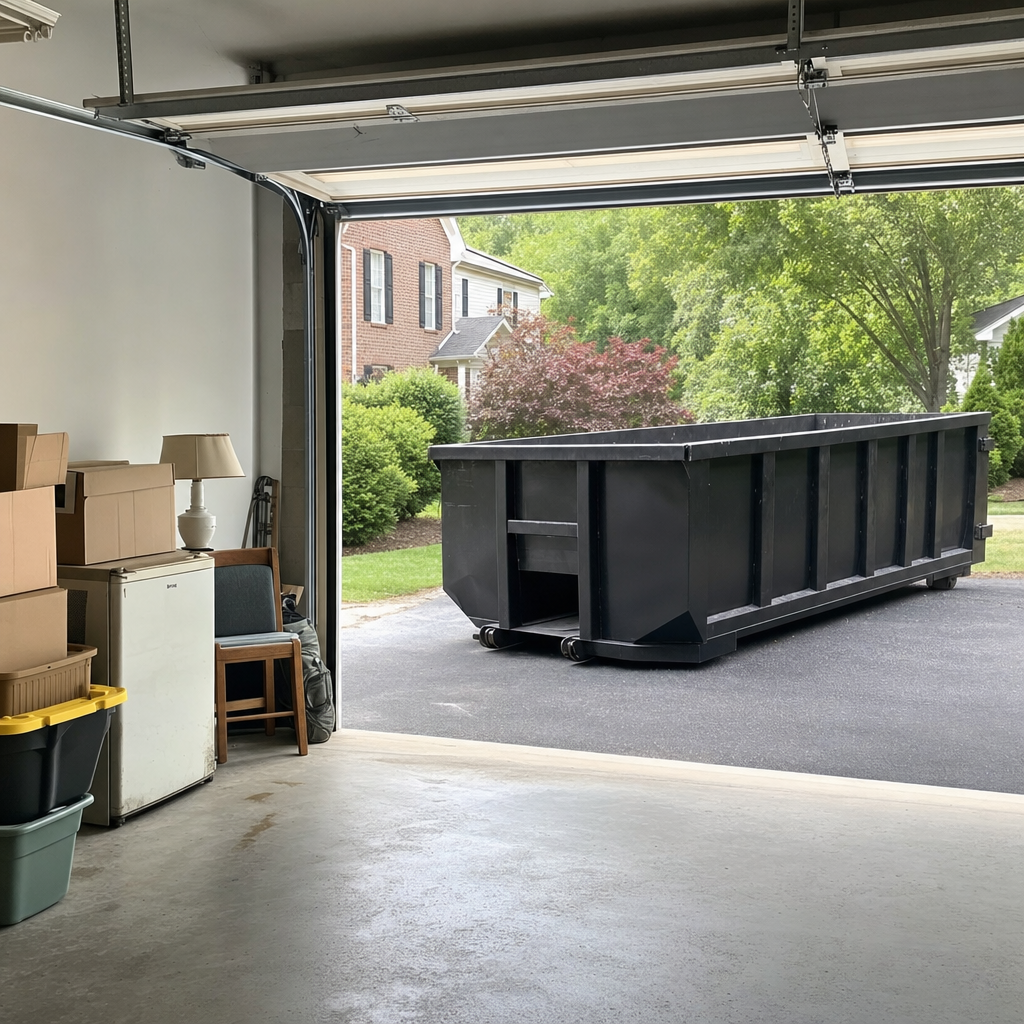 Open garage interior in a Holtsville home mid-cleanout — boxed items, an old appliance, and stacked yard tools queued near the driveway for a matte-black roll-off dumpster, organized and calm