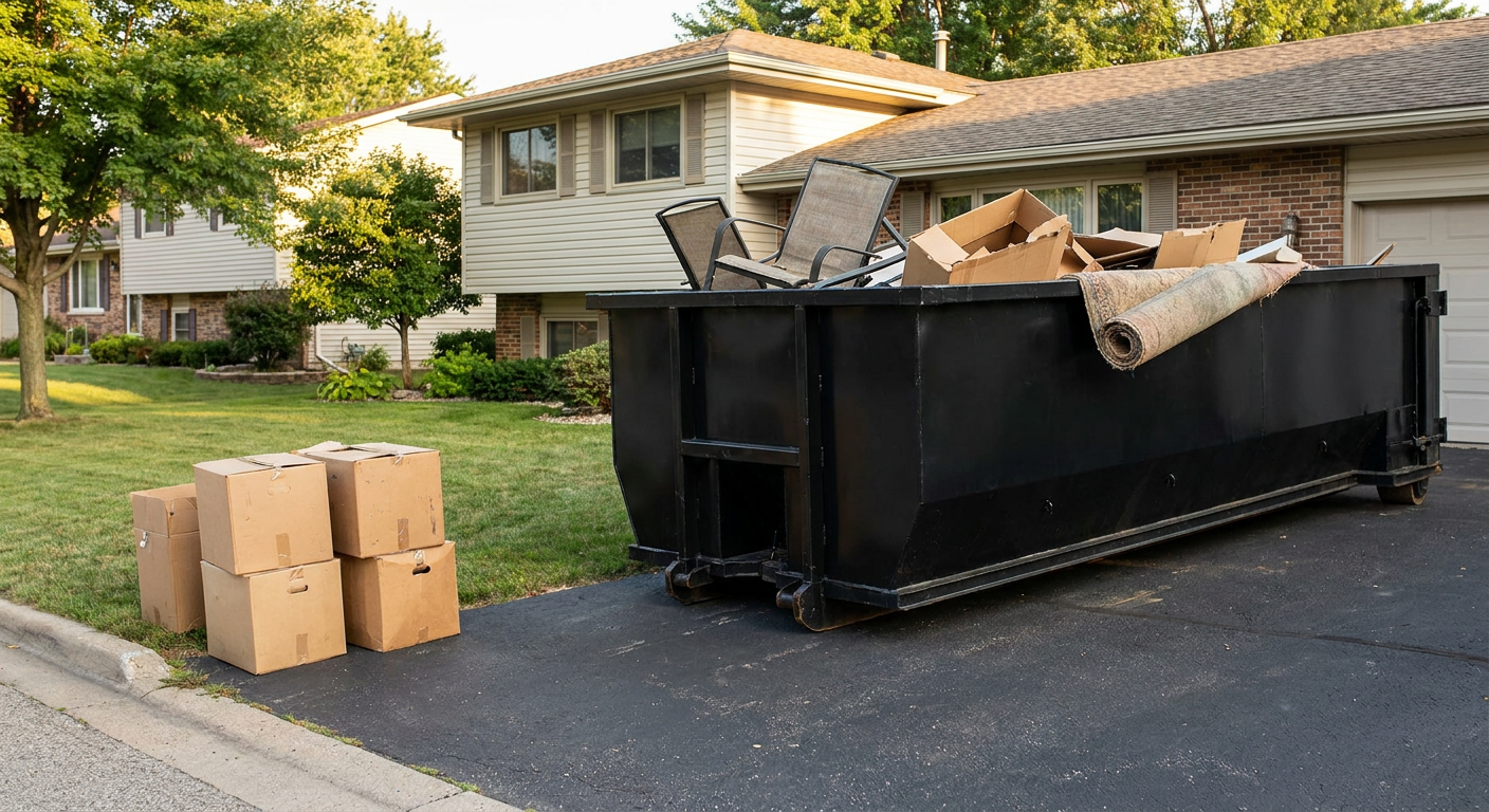 Front-yard view of a Holtsville split-level home with a 20-yard matte-black roll-off dumpster sitting directly on the asphalt driveway, a few clearly labeled donation boxes staged at the curb, calm sunny afternoon.