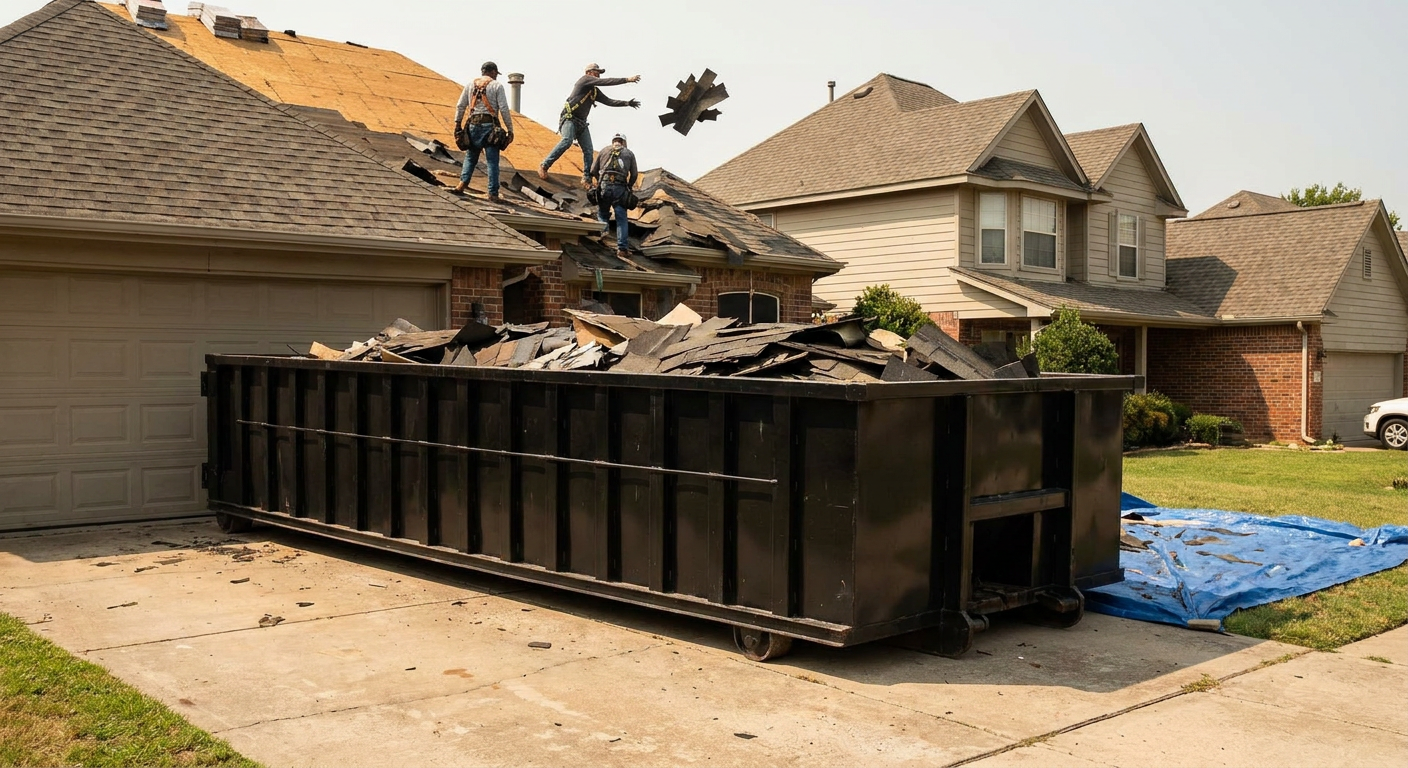 Matte-black roofing roll-off dumpster placed directly on a Holtsville residential concrete driveway, a tear-off crew on a two-story asphalt-shingle roof tossing shingle bundles into the low-walled container, bright daylight, documentary 35mm perspective.