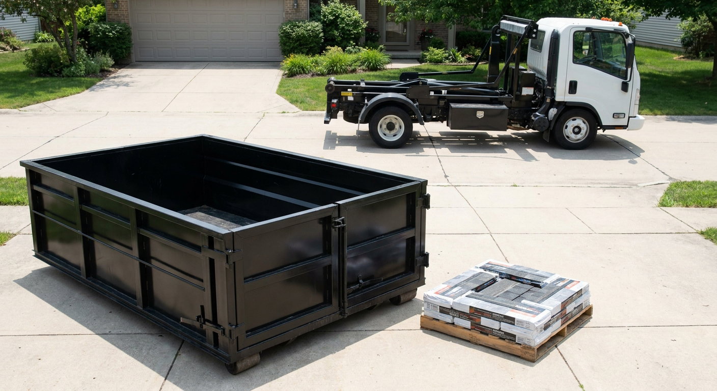 Matte-black 15-yard roofing roll-off dumpster with reinforced low side walls sitting directly on a Holtsville residential concrete driveway, three-tab asphalt shingle bundles stacked nearby, an unmarked white hauler truck partially visible at the edge of the frame.