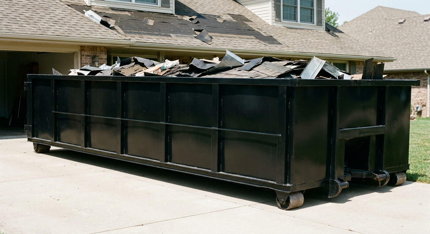 Matte-black 20-yard roofing roll-off dumpster with steel ribbed sides and swinging rear door, sitting directly on the concrete driveway of a two-story Holtsville home, asphalt shingle debris being loaded over the low wall, clean documentary lighting.