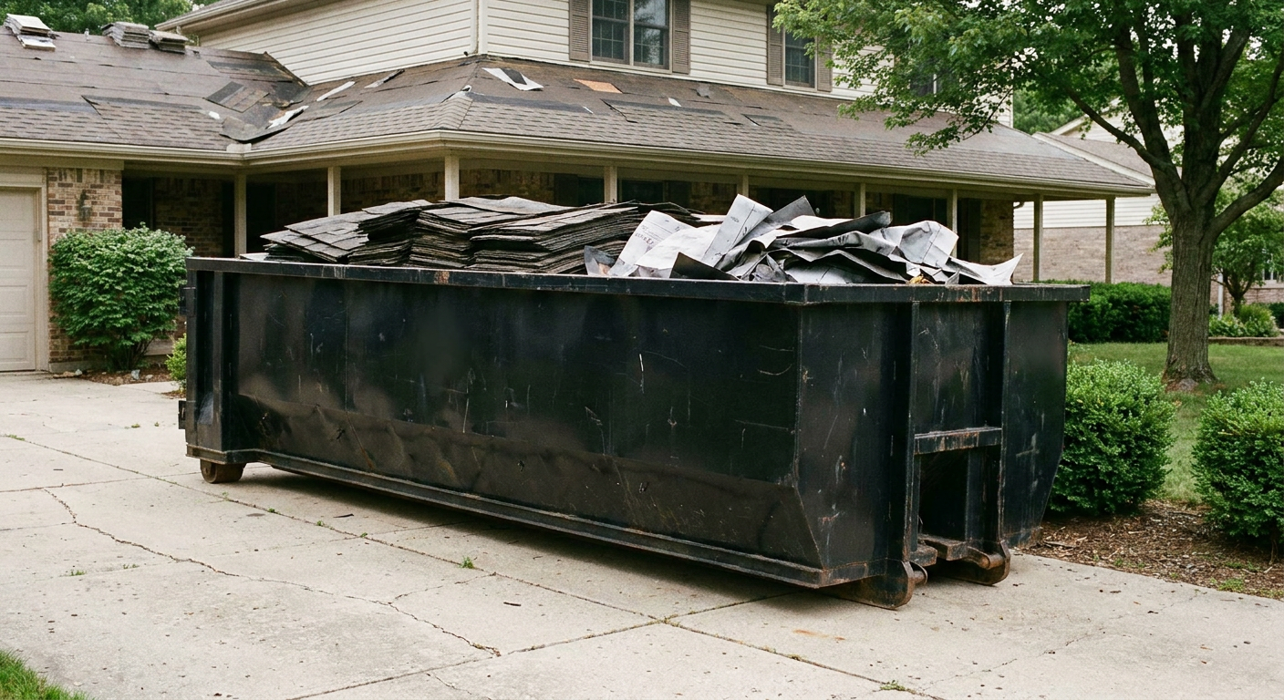 Matte-black 30-yard roofing roll-off dumpster sitting directly on a Holtsville concrete driveway, taller ribbed steel side panels, mixed tear-off debris of asphalt shingles and underlayment inside, professional documentary daylight.