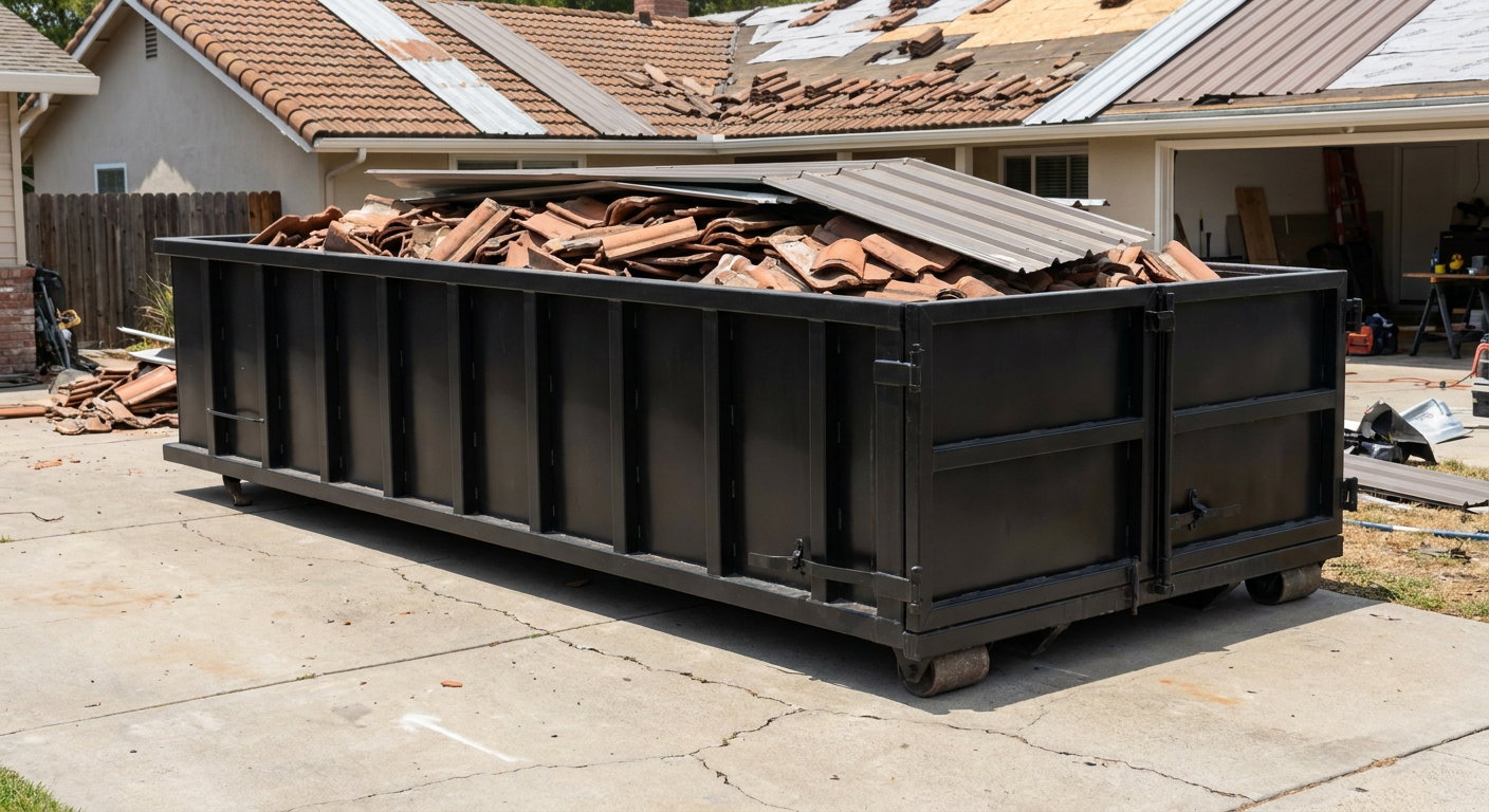 Matte-black low-wall heavy-debris roofing roll-off dumpster sitting directly on a Holtsville concrete driveway, broken concrete clay roof tiles and metal panel sections loaded inside, reinforced ribbed steel side walls visible, bright outdoor daylight.