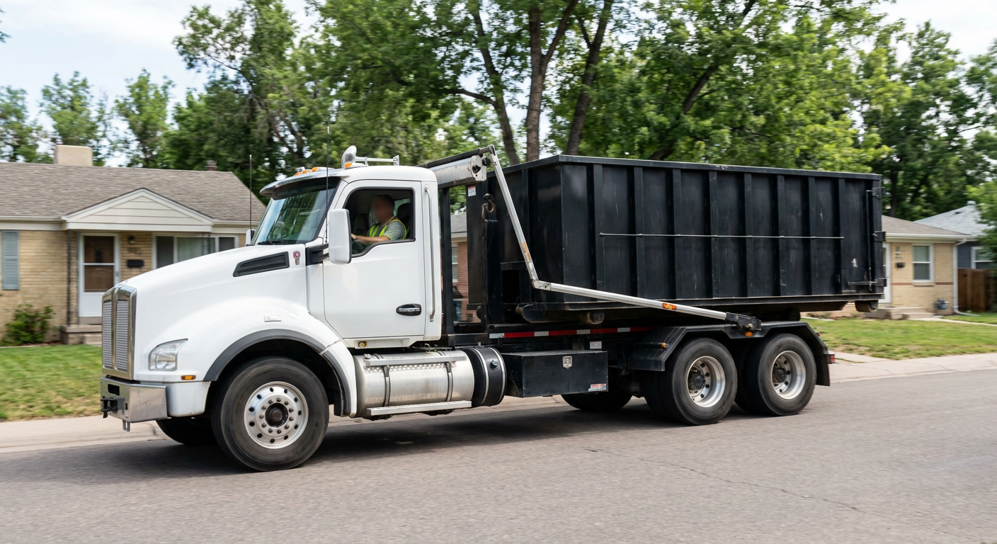 A wide documentary shot of a matte-black roll-off delivery truck pulling onto a quiet Holtsville residential street at mid-morning, with neighborhood rooftops and tree-lined blocks visible behind, showing the metro coverage footprint.