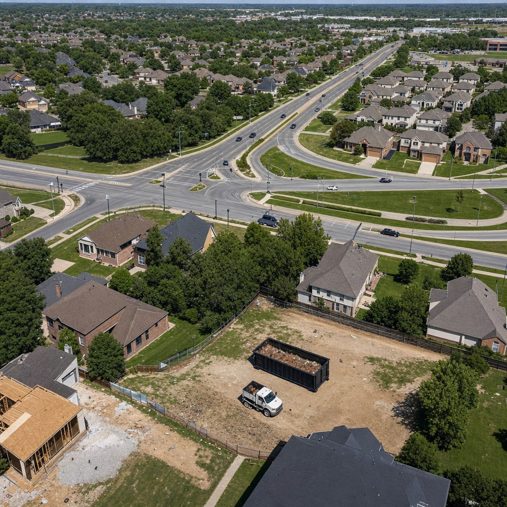 An overhead documentary view of the Holtsville metro area at midday, showing the spread of neighborhoods, arterial roads, and the dispatch radius from a central yard — clean daylight, organized geographic layout.