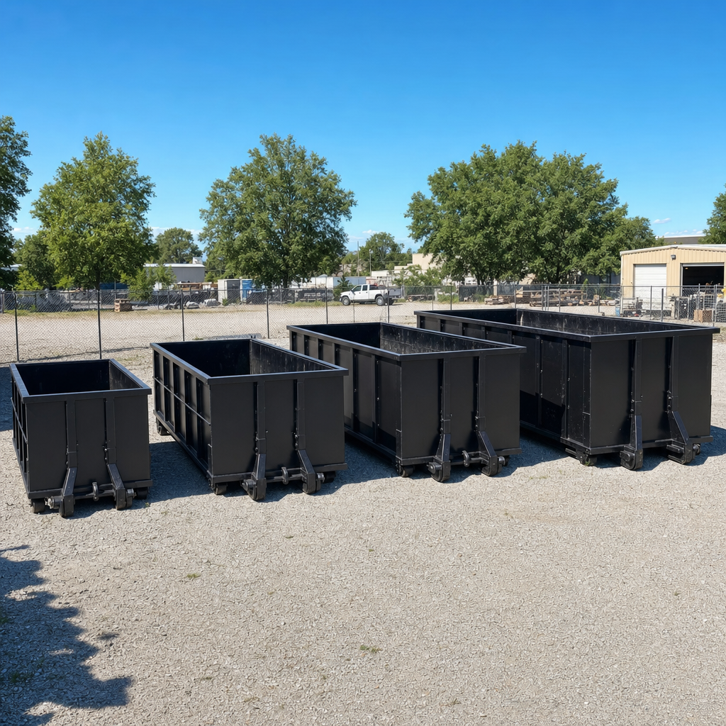 A clean lineup of matte-black roll-off dumpsters in 10, 20, 30, and 40-yard sizes staged on a sunlit gravel yard in Holtsville, showing the size progression from compact to commercial-scale containers.
