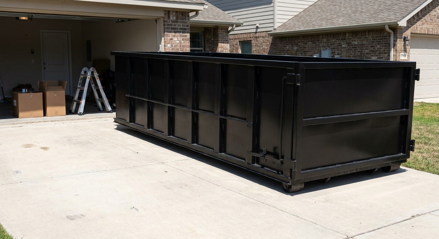 A matte-black 10-yard roll-off dumpster sitting directly on a residential Holtsville concrete driveway, mid-day sunlight, clean and ready for a garage cleanout.