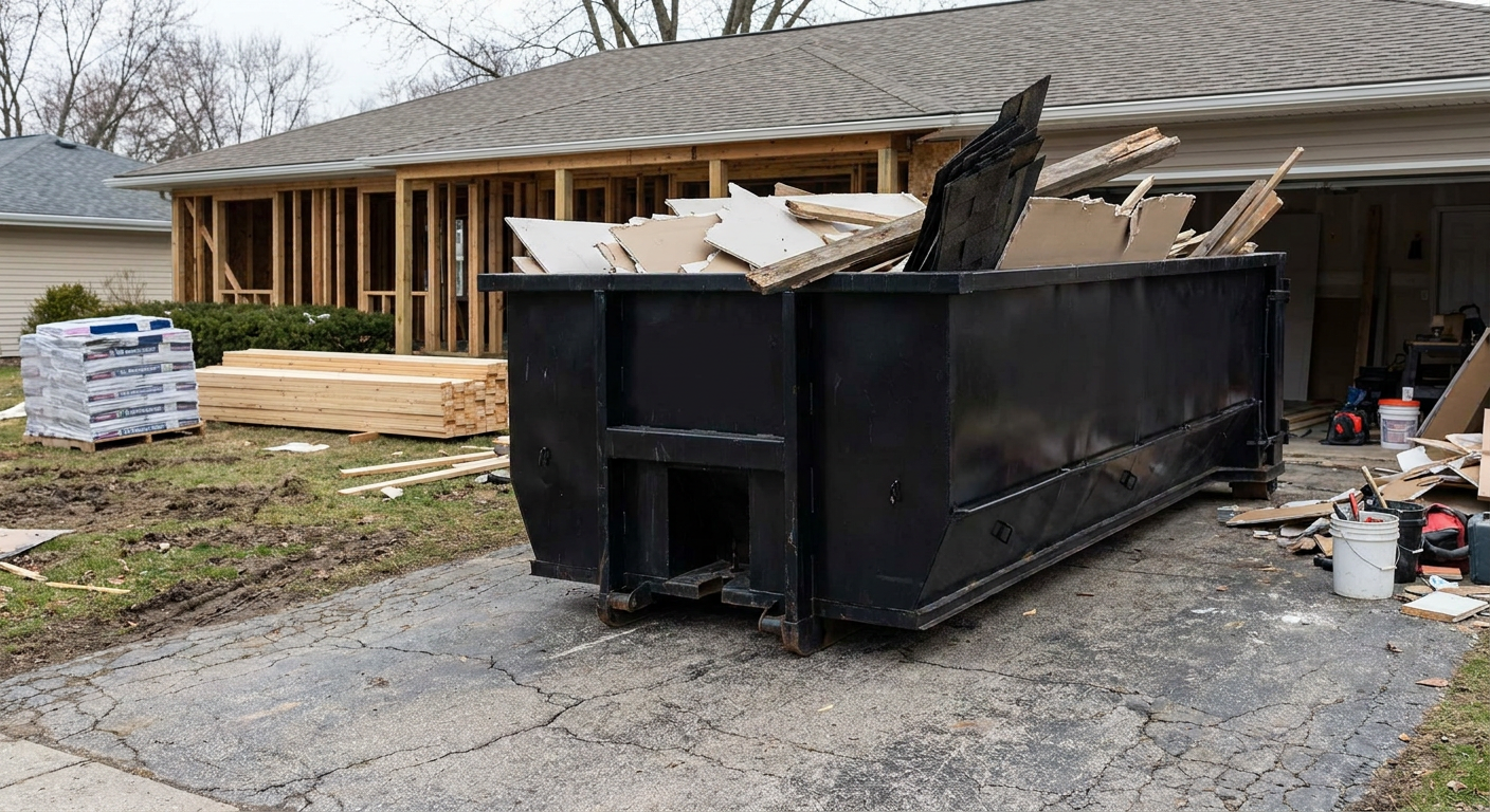 A matte-black 20-yard roll-off dumpster placed alongside a mid-renovation Holtsville home directly on the asphalt driveway, with framing materials and torn-off shingles staged neatly nearby.