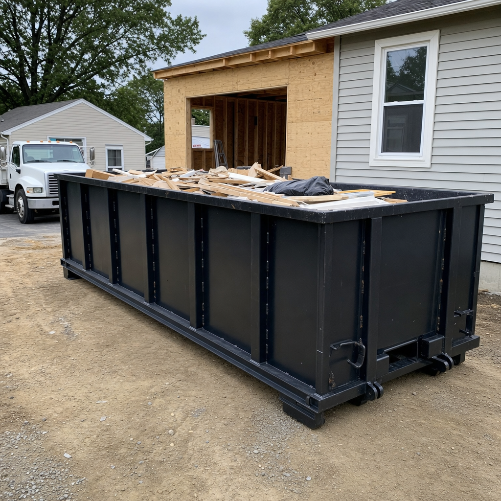 A matte-black 30-yard roll-off dumpster positioned at a Holtsville residential addition jobsite, with framing lumber and drywall scraps loaded through the open swinging rear doors.