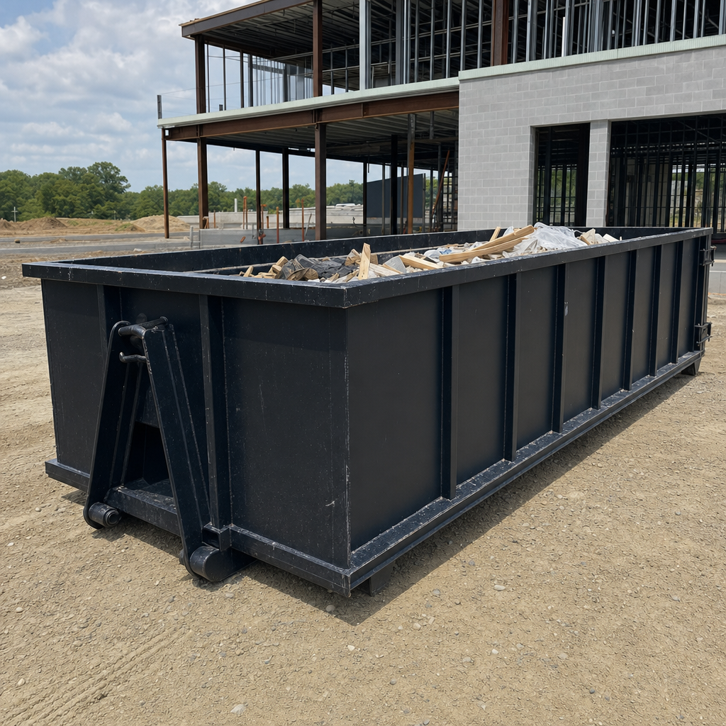 A matte-black 40-yard roll-off dumpster staged on a large Holtsville commercial construction lot, with a hooklift delivery truck parked alongside under bright midday sky.