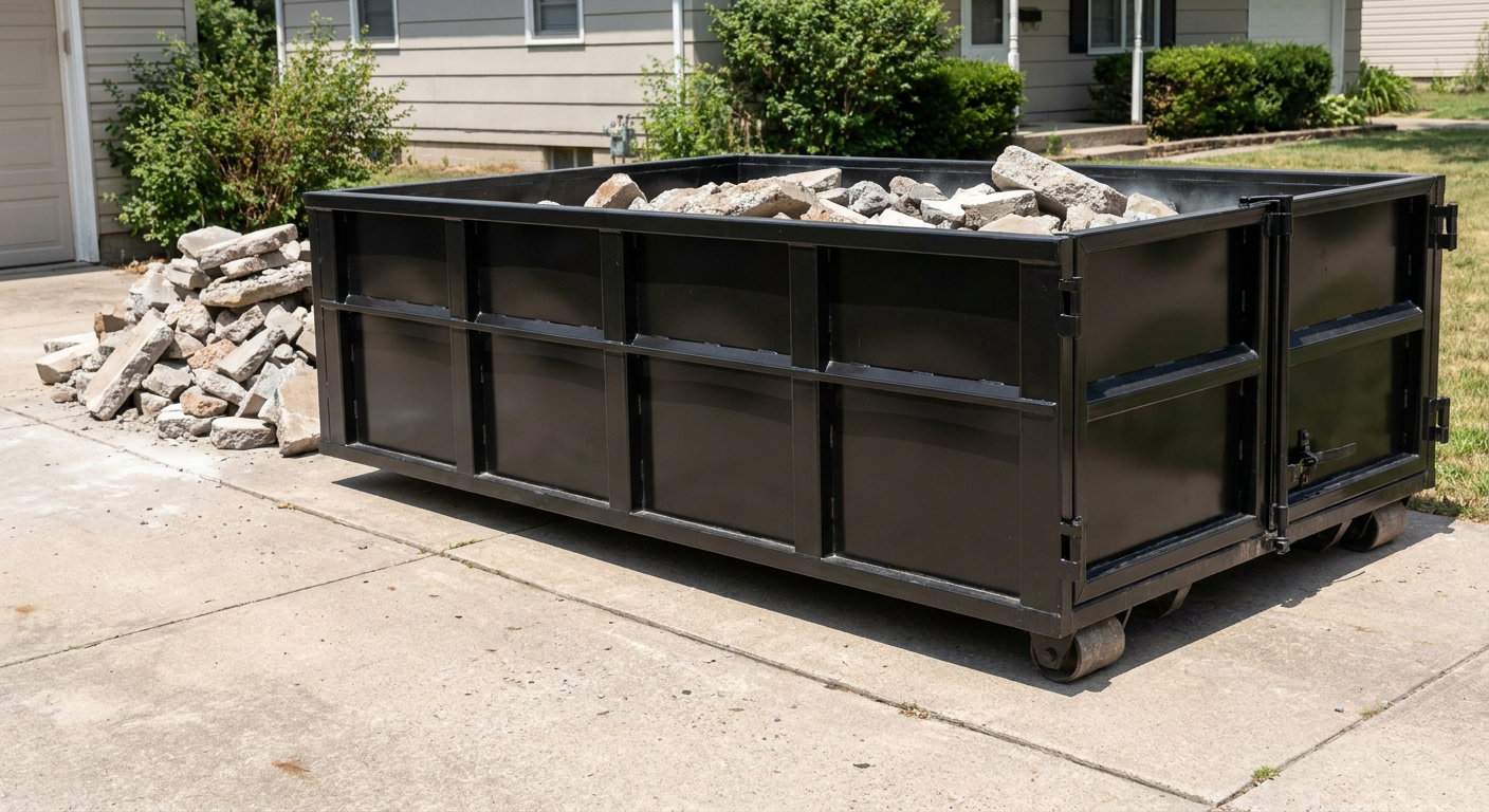 A matte-black low-side heavy-debris roll-off dumpster placed directly on a Holtsville concrete driveway, with broken concrete chunks neatly stacked beside it under clean daylight.
